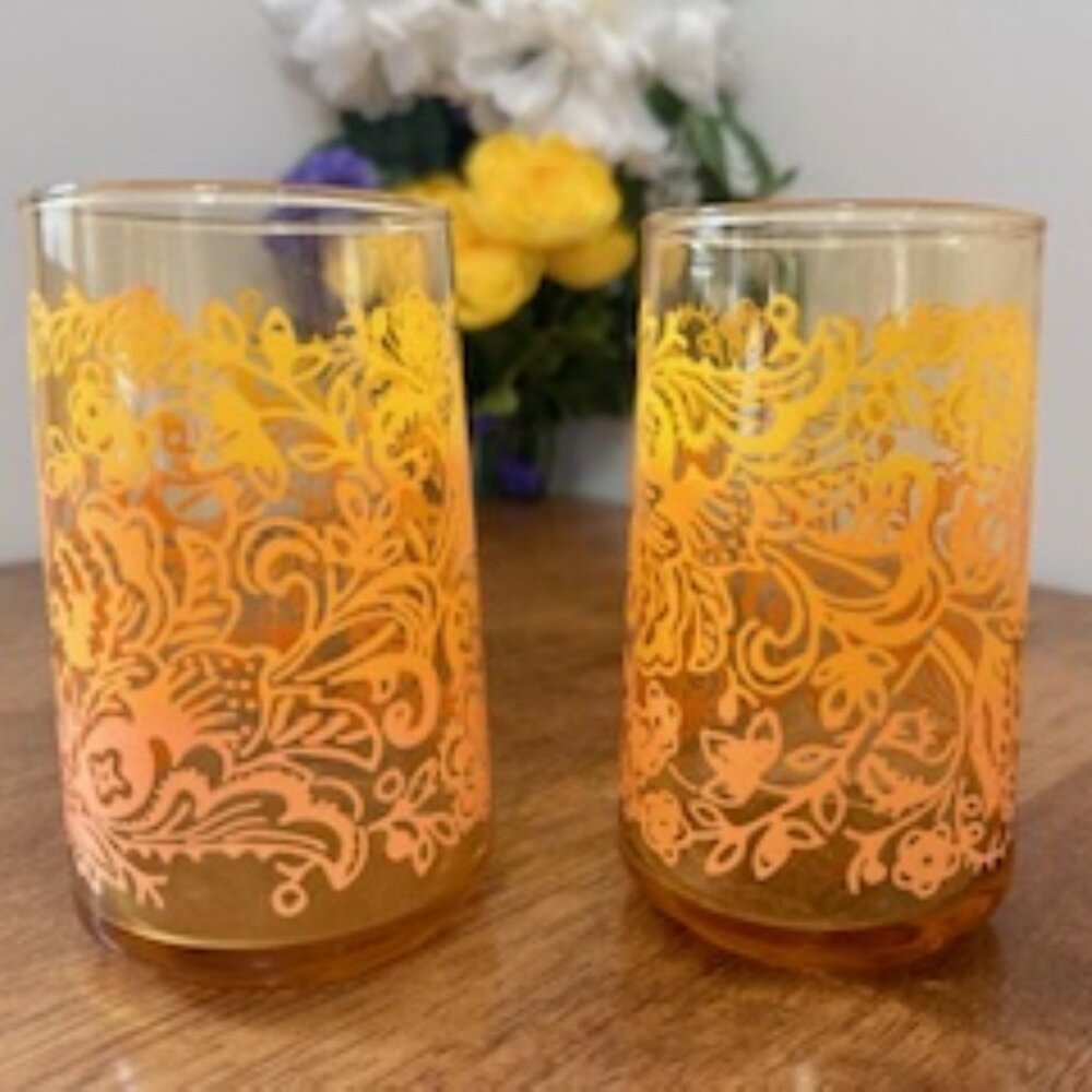 Vintage‎ Libbey Amber Ombre Floral Paisley Glasses Set of 2 Mid-Century Juice or